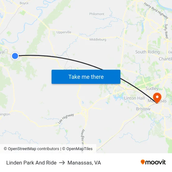 Linden Park And Ride to Manassas, VA map