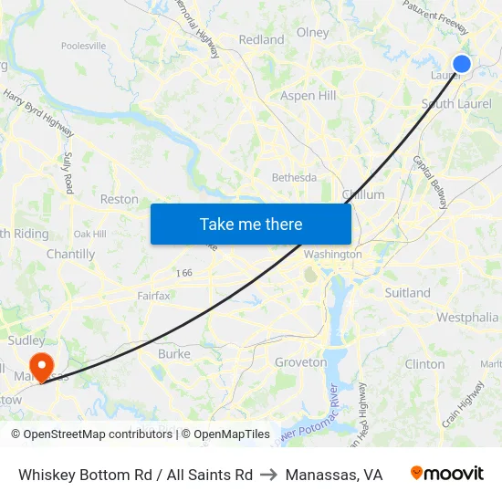 Whiskey Bottom Rd / All Saints Rd to Manassas, VA map