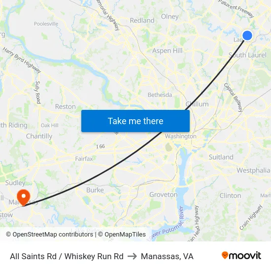 All Saints Rd / Whiskey Run Rd to Manassas, VA map