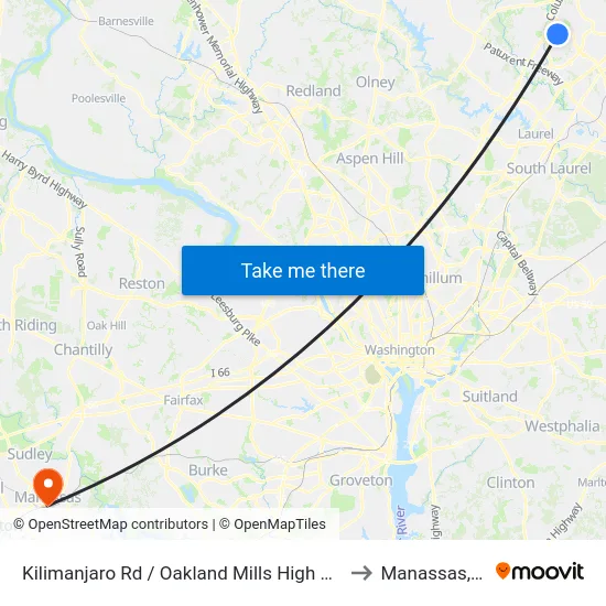 Kilimanjaro Rd / Oakland Mills High School to Manassas, VA map