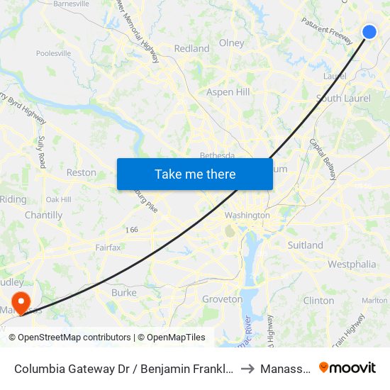 Columbia Gateway Dr / Benjamin Franklin Dr (Southbound) to Manassas, VA map