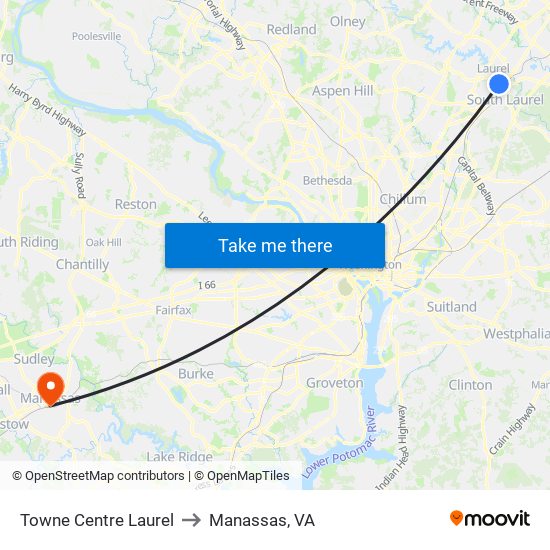 Towne Centre Laurel to Manassas, VA map