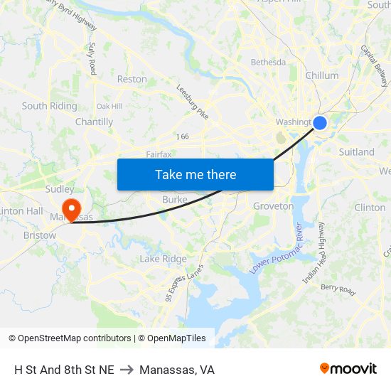 H St And 8th St NE to Manassas, VA map