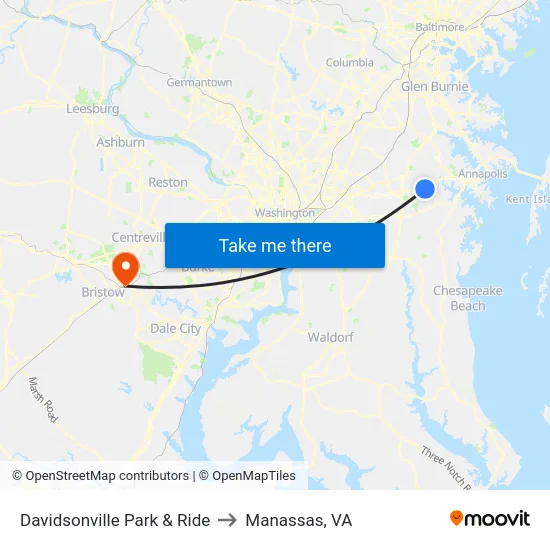 Davidsonville Park & Ride to Manassas, VA map