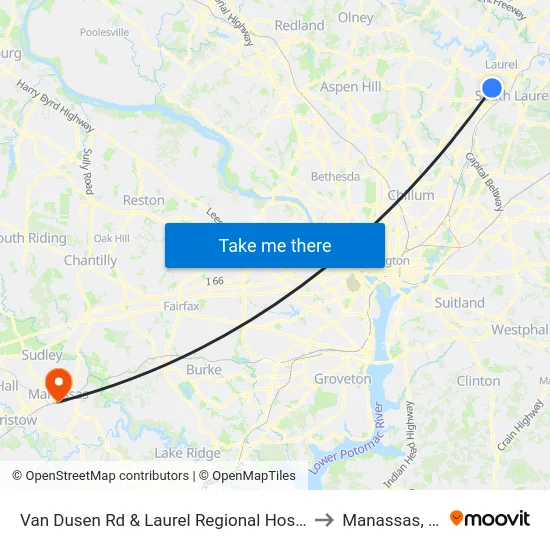 Van Dusen Rd & Laurel Regional Hospital to Manassas, VA map