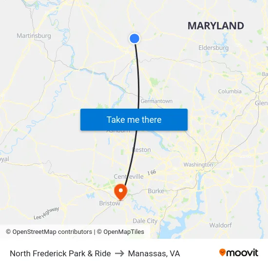 North Frederick Park & Ride to Manassas, VA map