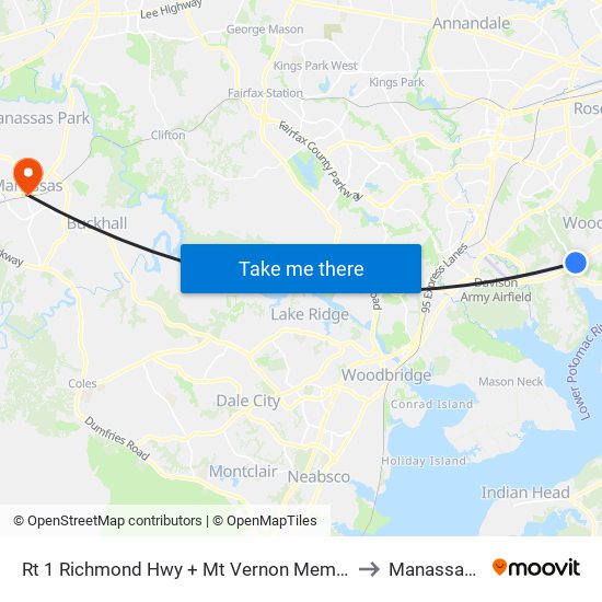 Rt 1 Richmond Hwy + Mt Vernon Memorial Pkwy to Manassas, VA map