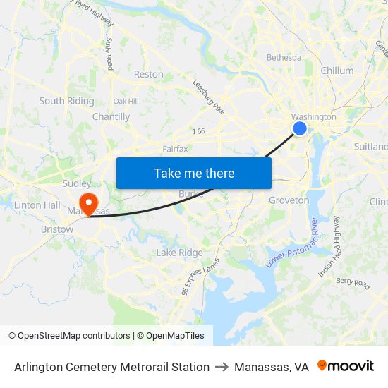 Arlington Cemetery  Metrorail Station to Manassas, VA map