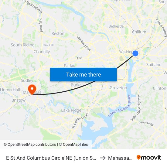 E St And Columbus Circle NE (Union Station) (Eb) to Manassas, VA map