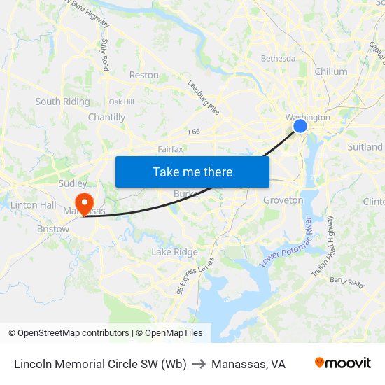 Lincoln Memorial Circle SW (Wb) to Manassas, VA map