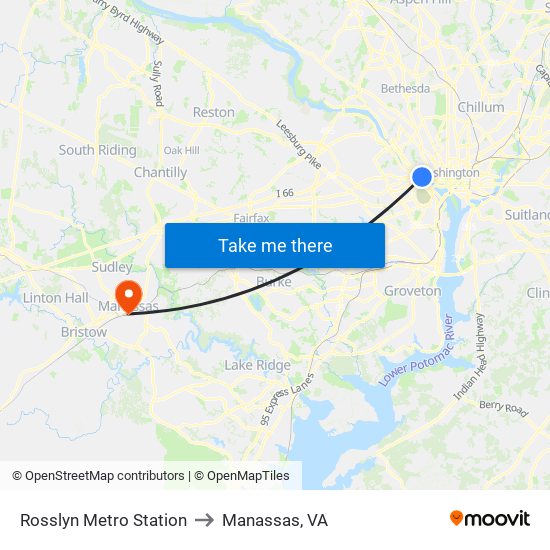 Rosslyn Metro Station to Manassas, VA map