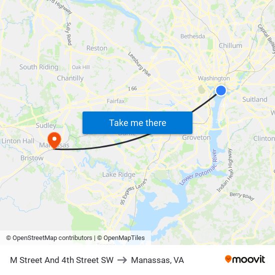 M Street And 4th Street SW to Manassas, VA map