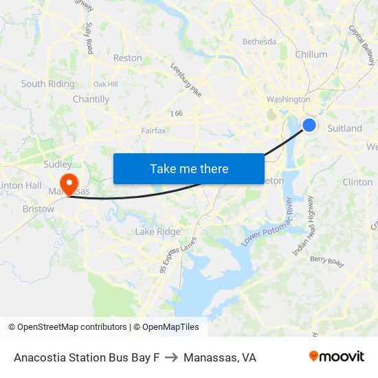 Anacostia Station Bus Bay F to Manassas, VA map
