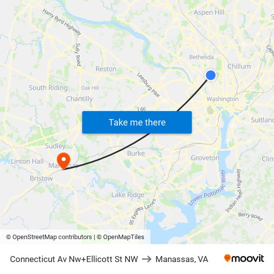 Connecticut Av Nw+Ellicott St NW to Manassas, VA map