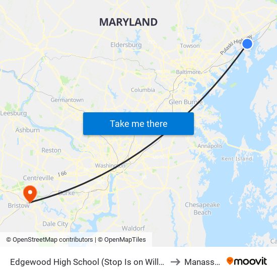 Edgewood High School (Stop Is on Willoughby Beach Rd) to Manassas, VA map