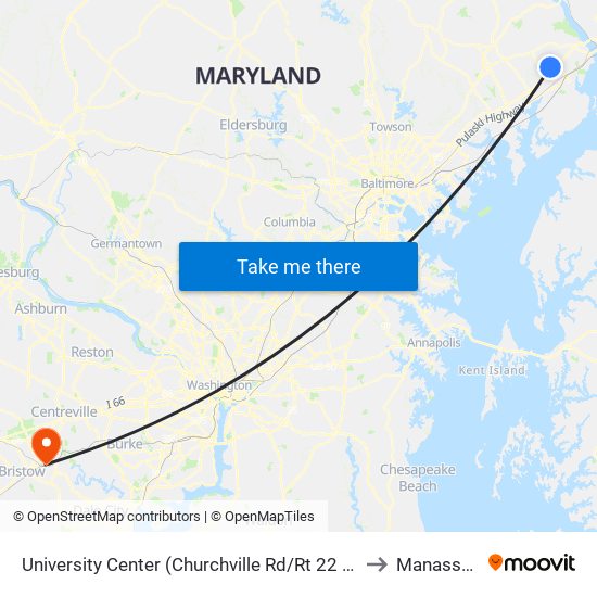 University Center (Churchville Rd/Rt 22 & Technology Dr) to Manassas, VA map