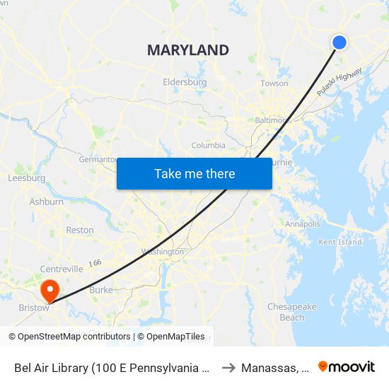 Bel Air Library (100 E Pennsylvania Ave) to Manassas, VA map