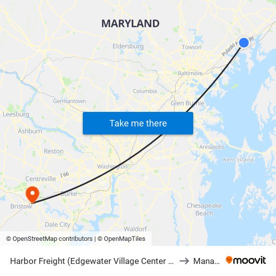 Harbor Freight (Edgewater Village Center / 1807 Pulaski Hwy / Stop Is on Us 40) to Manassas, VA map