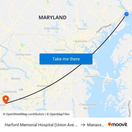 Harford Memorial Hospital (Union Ave & Revolution St) to Manassas, VA map