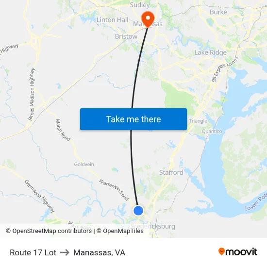 Route 17 Lot to Manassas, VA map