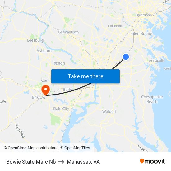 Bowie State Marc Nb to Manassas, VA map