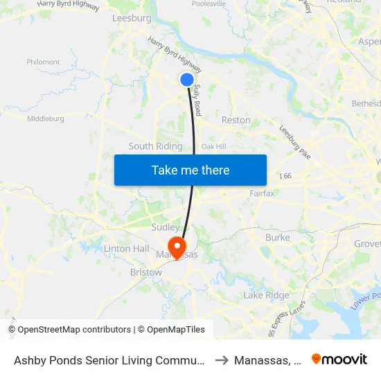 Ashby Ponds Senior Living Community to Manassas, VA map