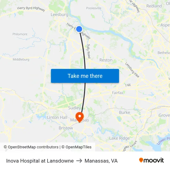 Inova Hospital at Lansdowne to Manassas, VA map