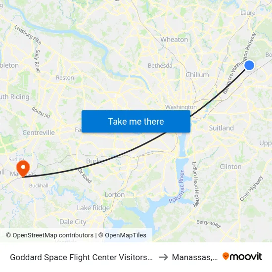 Goddard Space Flight Center Visitors Center to Manassas, VA map