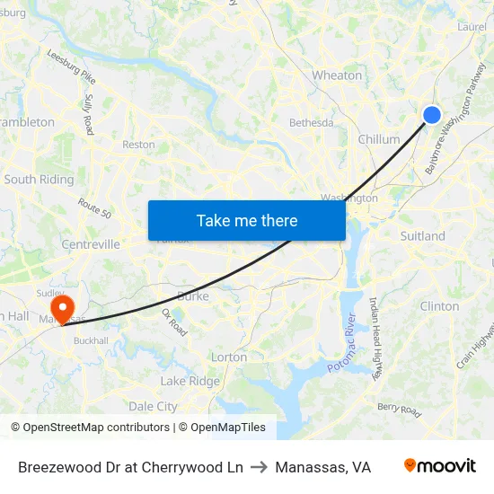 Breezewood Dr at Cherrywood Ln to Manassas, VA map