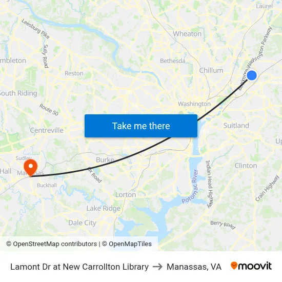Lamont Dr at New Carrollton Library to Manassas, VA map