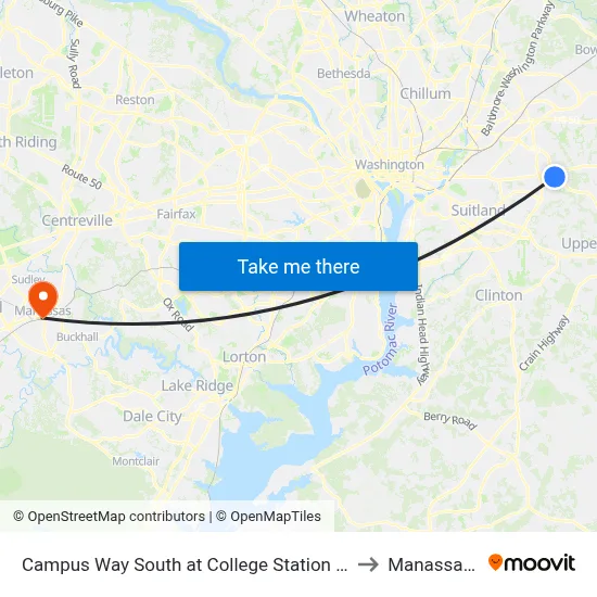 Campus Way South at College Station Drive (Pgcc) to Manassas, VA map