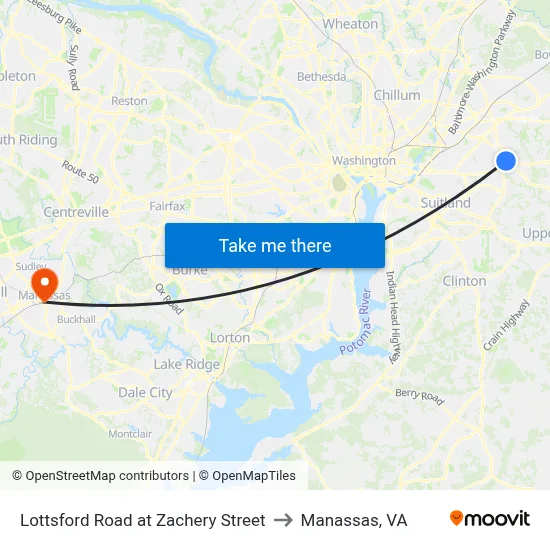 Lottsford Road at Zachery Street to Manassas, VA map