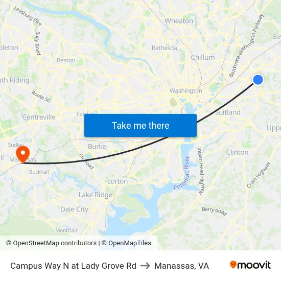 Campus Way N at Lady Grove Rd to Manassas, VA map