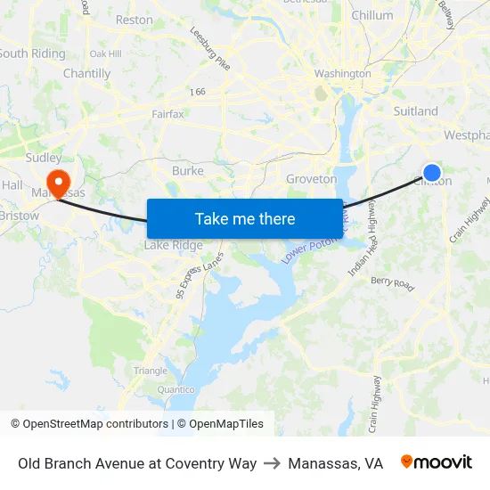 Old Branch Avenue at Coventry Way to Manassas, VA map