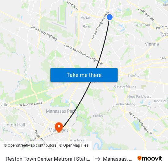 Reston Town Center Metrorail Station to Manassas, VA map