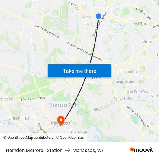 Herndon Metrorail Station to Manassas, VA map