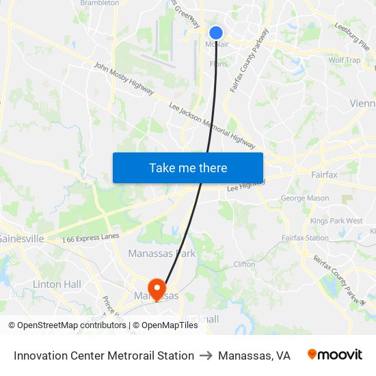 Innovation Center Metrorail Station to Manassas, VA map