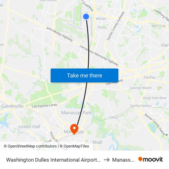 Washington Dulles International Airport Metrorail Station to Manassas, VA map
