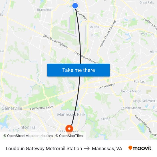 Loudoun Gateway Metrorail Station to Manassas, VA map