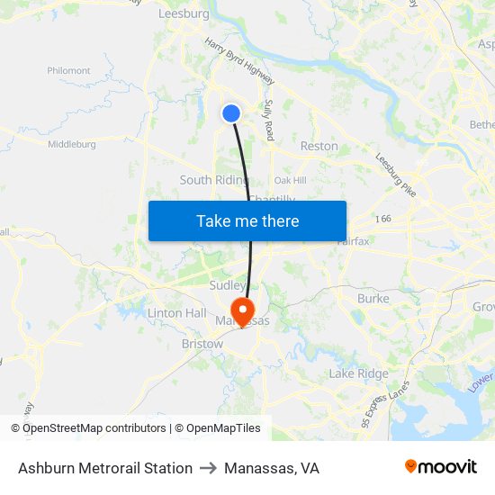 Ashburn Metrorail Station to Manassas, VA map