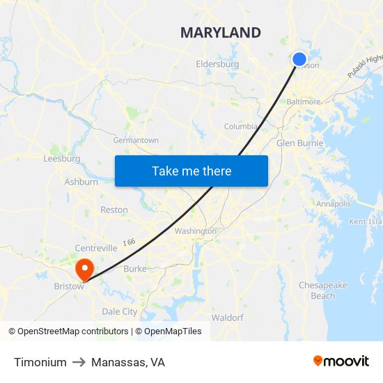 Timonium to Manassas, VA map