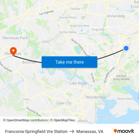 Franconia-Springfield Vre Station to Manassas, VA map
