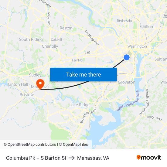 Columbia Pk + S Barton St to Manassas, VA map