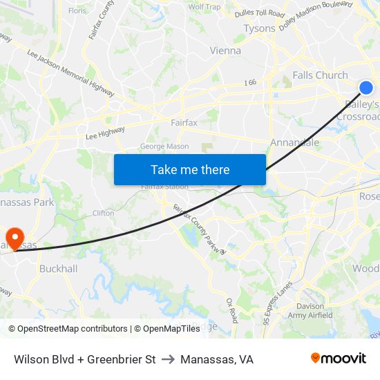 Wilson Blvd + Greenbrier St to Manassas, VA map