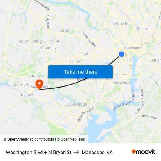 Washington Blvd + N Bryan St to Manassas, VA map