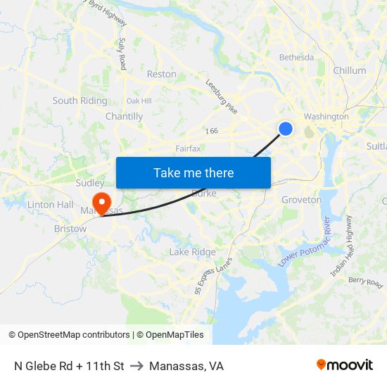 N Glebe Rd + 11th St to Manassas, VA map