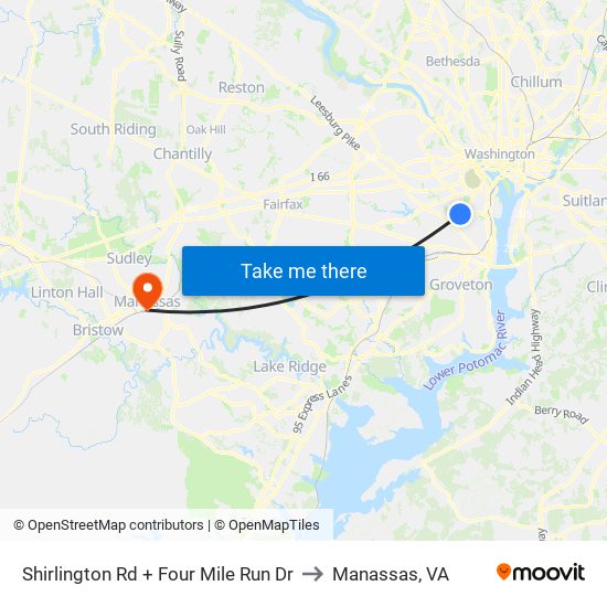 Shirlington Rd + Four Mile Run Dr to Manassas, VA map