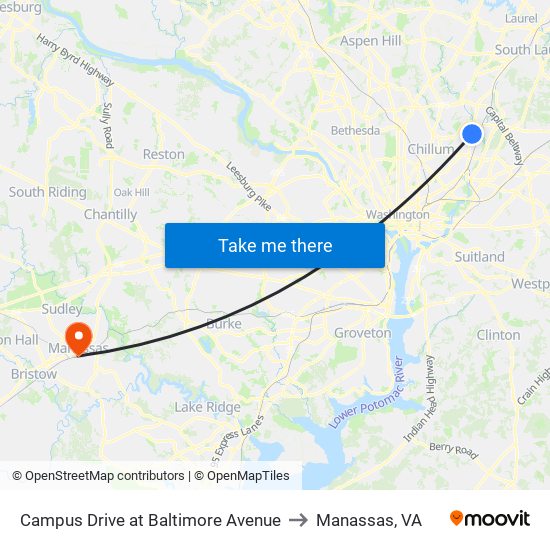 Campus Drive at Baltimore Avenue to Manassas, VA map