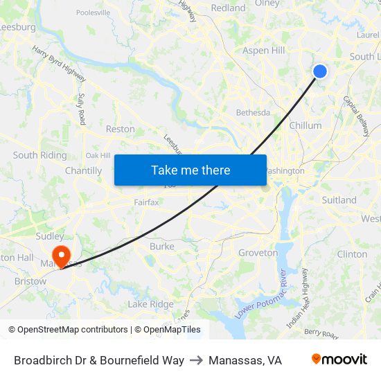 Broadbirch Dr & Bournefield Way to Manassas, VA map