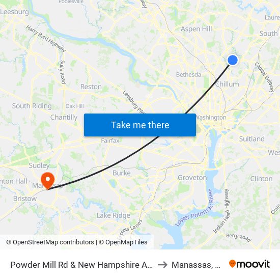 Powder Mill Rd & New Hampshire Ave to Manassas, VA map